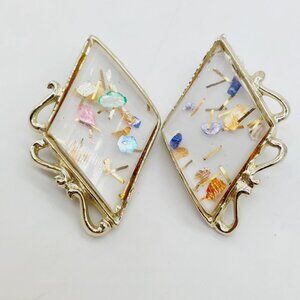 Pam Gold Tone Confetti Lucite Clip Earings Signed White Diamond Shape